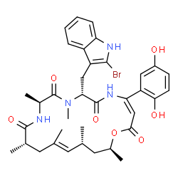 ChemSpider 2D Image | (3Z,7R,10S,13S,15E,17R,19S)-7-[(2-Bromo-1H-indol-3-yl)methyl]-4-(2,5-dihydroxyphenyl)-8,10,13,15,17,19-hexamethyl-1-oxa-5,8,11-triazacyclononadeca-3,15-diene-2,6,9,12-tetrone | C36H43BrN4O7