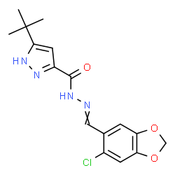 ChemSpider 2D Image | N'-[(6-Chloro-1,3-benzodioxol-5-yl)methylene]-5-(2-methyl-2-propanyl)-1H-pyrazole-3-carbohydrazide | C16H17ClN4O3