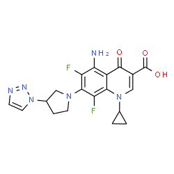 ChemSpider 2D Image | 5-Amino-1-cyclopropyl-6,8-difluoro-4-oxo-7-[3-(1H-1,2,3-triazol-1-yl)-1-pyrrolidinyl]-1,4-dihydro-3-quinolinecarboxylic acid | C19H18F2N6O3