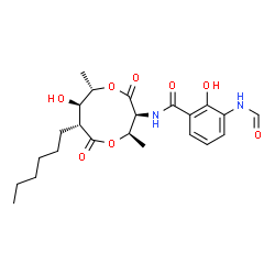 ChemSpider 2D Image | 3-Formamido-N-[(3S,4R,7R,8R,9S)-7-hexyl-8-hydroxy-4,9-dimethyl-2,6-dioxo-1,5-dioxonan-3-yl]-2-hydroxybenzamide | C23H32N2O8