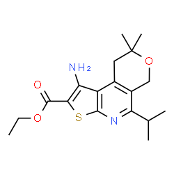 ChemSpider 2D Image | Ethyl 1-amino-5-isopropyl-8,8-dimethyl-8,9-dihydro-6H-pyrano[4,3-d]thieno[2,3-b]pyridine-2-carboxylate | C18H24N2O3S
