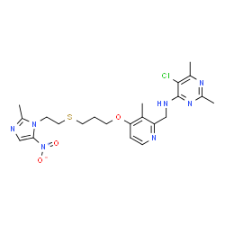 ChemSpider 2D Image | 5-Chloro-2,6-dimethyl-N-{[3-methyl-4-(3-{[2-(2-methyl-5-nitro-1H-imidazol-1-yl)ethyl]sulfanyl}propoxy)-2-pyridinyl]methyl}-4-pyrimidinamine | C22H28ClN7O3S