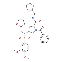 ChemSpider 2D Image | 1-Benzoyl-4-{[(3,4-dimethoxyphenyl)sulfonyl](tetrahydro-2-furanylmethyl)amino}-N-(tetrahydro-2-furanylmethyl)prolinamide | C30H39N3O8S