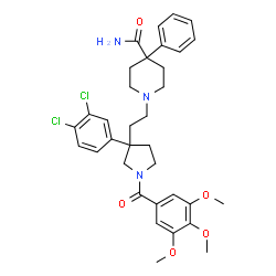 ChemSpider 2D Image | 1-{2-[3-(3,4-Dichlorophenyl)-1-(3,4,5-trimethoxybenzoyl)-3-pyrrolidinyl]ethyl}-4-phenyl-4-piperidinecarboxamide | C34H39Cl2N3O5