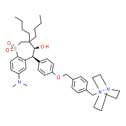 ChemSpider 2D Image | 1-[4-({4-[(4S,5S)-3,3-Dibutyl-7-(dimethylamino)-4-hydroxy-1,1-dioxido-2,3,4,5-tetrahydro-1-benzothiepin-5-yl]phenoxy}methyl)benzyl]-4-aza-1-azoniabicyclo[2.2.2]octane | C40H56N3O4S