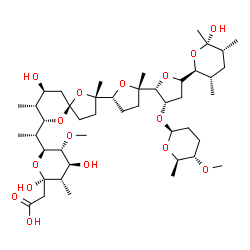 ChemSpider 2D Image | {(2R,3S,4S,5R,6S)-2,4-Dihydroxy-6-[(1R)-1-{(2S,5R,7S,8R,9S)-9-hydroxy-2-[(2S,2'R,3'S,5R,5'S)-5'-[(2S,3S,5R,6S)-6-hydroxy-3,5,6-trimethyltetrahydro-2H-pyran-2-yl]-3'-{[(2S,5S,6R)-5-methoxy-6-methyltetr
ahydro-2H-pyran-2-yl]oxy}-2-methyloctahydro-2,2'-bifuran-5-yl]-2,8-dimethyl-1,6-dioxaspiro[4.5]dec-7-yl}ethyl]-5-methoxy-3-methyltetrahydro-2H-pyran-2-yl}acetic acid | C45H76O16
