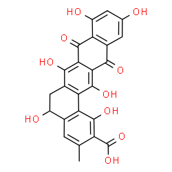 ChemSpider 2D Image | 1,5,7,9,11,14-Hexahydroxy-3-methyl-8,13-dioxo-5,6,8,13-tetrahydrobenzo[a]tetracene-2-carboxylic acid | C24H16O10