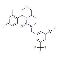 ChemSpider 2D Image | N-[3,5-Bis(trifluoromethyl)benzyl]-2-(4-fluoro-2-methylphenyl)-N,6-dimethyl-1-piperazinecarboxamide | C23H24F7N3O