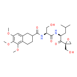 ChemSpider 2D Image | N-[(2S)-3-Hydroxy-1-({(2S)-1-[(2R)-2-(hydroxymethyl)-2-oxiranyl]-4-methyl-1-oxo-2-pentanyl}amino)-1-oxo-2-propanyl]-5,6,7-trimethoxy-1,2,3,4-tetrahydro-2-naphthalenecarboxamide | C26H38N2O9