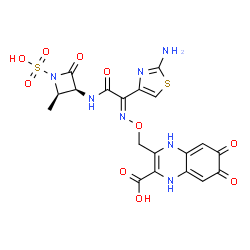 ChemSpider 2D Image | 3-[({(E)-[1-(2-Amino-1,3-thiazol-4-yl)-2-{[(2R,3S)-2-methyl-4-oxo-1-sulfo-3-azetidinyl]amino}-2-oxoethylidene]amino}oxy)methyl]-6,7-dioxo-1,4,6,7-tetrahydro-2-quinoxalinecarboxylic acid | C19H17N7O10S2