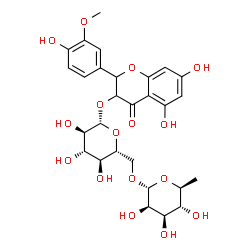 ChemSpider 2D Image | 5,7-Dihydroxy-2-(4-hydroxy-3-methoxyphenyl)-4-oxo-3,4-dihydro-2H-chromen-3-yl 6-O-(6-deoxy-alpha-L-mannopyranosyl)-beta-D-glucopyranoside | C28H34O16