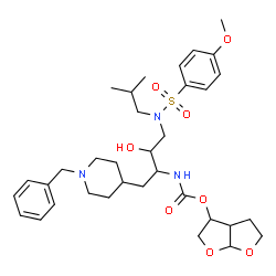 ChemSpider 2D Image | Hexahydrofuro[2,3-b]furan-3-yl [1-(1-benzyl-4-piperidinyl)-3-hydroxy-4-{isobutyl[(4-methoxyphenyl)sulfonyl]amino}-2-butanyl]carbamate | C34H49N3O8S