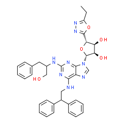 ChemSpider 2D Image | (2R,3R,4S,5S)-2-{6-[(2,2-Diphenylethyl)amino]-2-[(1-hydroxy-3-phenyl-2-propanyl)amino]-9H-purin-9-yl}-5-(5-ethyl-1,3,4-oxadiazol-2-yl)tetrahydro-3,4-furandiol | C36H38N8O5