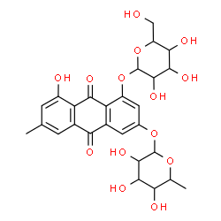 ChemSpider 2D Image | 3-[(6-Deoxyhexopyranosyl)oxy]-8-hydroxy-6-methyl-9,10-dioxo-9,10-dihydro-1-anthracenyl hexopyranoside | C27H30O14