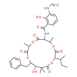ChemSpider 2D Image | N-(15-Benzyl-10-sec-butyl-14-hydroxy-3,7,13,13-tetramethyl-2,5,9,12-tetraoxo-1,4,8,11-tetraoxacyclopentadecan-6-yl)-3-formamido-2-hydroxybenzamide | C34H42N2O12