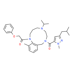 ChemSpider 2D Image | 1-{8-[(3-Isobutyl-1-methyl-1H-pyrazol-5-yl)carbonyl]-5-isopropyl-13-methyl-2,3,4,5,6,7,8,9-octahydro-1H-1,5,8-benzotriazacycloundecin-1-yl}-2-phenoxyethanone | C33H45N5O3