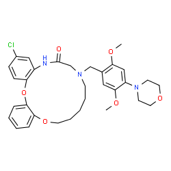 ChemSpider 2D Image | 3-Chloro-8-[2,5-dimethoxy-4-(4-morpholinyl)benzyl]-8,9,10,11,12,13-hexahydro-5H-dibenzo[b,e][1,4,7,10]dioxadiazacyclopentadecin-6(7H)-one | C32H38ClN3O6