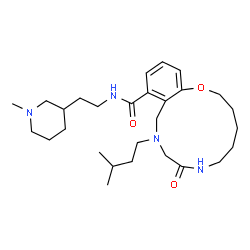 ChemSpider 2D Image | 10-(3-Methylbutyl)-N-[2-(1-methyl-3-piperidinyl)ethyl]-8-oxo-2,3,4,5,6,7,8,9,10,11-decahydro-1,7,10-benzoxadiazacyclotridecine-12-carboxamide | C28H46N4O3