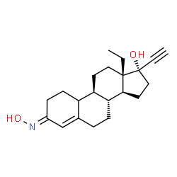 ChemSpider 2D Image | (3E,8R,9S,13S,14S,17S)-13-Ethyl-17-ethynyl-3-(hydroxyimino)-2,3,6,7,8,9,10,11,12,13,14,15,16,17-tetradecahydro-1H-cyclopenta[a]phenanthren-17-ol | C21H29NO2