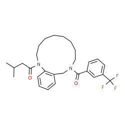 ChemSpider 2D Image | 3-Methyl-1-{10-[3-(trifluoromethyl)benzoyl]-2,3,4,5,6,7,8,9,10,11-decahydro-1H-1,10-benzodiazacyclotridecin-1-yl}-1-butanone | C28H35F3N2O2