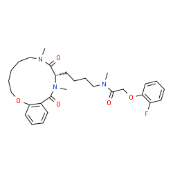 ChemSpider 2D Image | N-{4-[(9S)-7,10-Dimethyl-8,11-dioxo-2,3,4,5,6,7,8,9,10,11-decahydro-1,7,10-benzoxadiazacyclotridecin-9-yl]butyl}-2-(2-fluorophenoxy)-N-methylacetamide | C29H38FN3O5