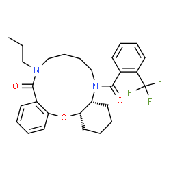 ChemSpider 2D Image | (4aR,16aS)-10-Propyl-5-[2-(trifluoromethyl)benzoyl]-1,2,3,4,4a,5,6,7,8,9,10,16a-dodecahydro-11H-dibenzo[b,k][1,4,9]oxadiazacyclododecin-11-one | C28H33F3N2O3