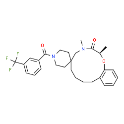 ChemSpider 2D Image | (2R)-2,4-Dimethyl-1'-[3-(trifluoromethyl)benzoyl]-4,5,7,8,9,10-hexahydrospiro[1,4-benzoxazacyclododecine-6,4'-piperidin]-3(2H)-one | C28H33F3N2O3