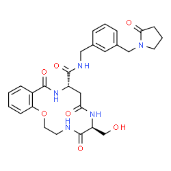 ChemSpider 2D Image | (6S,10S)-6-(Hydroxymethyl)-5,8,12-trioxo-N-{3-[(2-oxo-1-pyrrolidinyl)methyl]benzyl}-3,4,5,6,7,8,9,10,11,12-decahydro-2H-1,4,7,11-benzoxatriazacyclotetradecine-10-carboxamide | C28H33N5O7