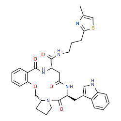 ChemSpider 2D Image | (6S,10S,18aR)-6-(1H-Indol-3-ylmethyl)-N-[3-(4-methyl-1,3-thiazol-2-yl)propyl]-5,8,12-trioxo-2,3,5,6,7,8,9,10,11,12,18,18a-dodecahydro-1H-pyrrolo[2,1-c][1,4,7,11]benzoxatriazacyclotetradecine-10-carbox
amide | C34H38N6O5S