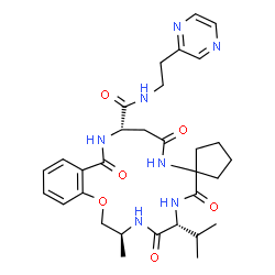 ChemSpider 2D Image | (3S,6R,13S)-6-Isopropyl-3-methyl-5,8,11,15-tetraoxo-N-[2-(2-pyrazinyl)ethyl]-3,4,5,6,7,8,10,11,12,13,14,15-dodecahydro-2H-spiro[1,4,7,10,14-benzoxatetraazacycloheptadecine-9,1'-cyclopentane]-13-carbox
amide | C31H41N7O6