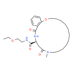 ChemSpider 2D Image | (16S)-N-(2-Ethoxyethyl)-13-methyl-14,18-dioxo-3,4,5,6,7,8,9,10,11,12,13,14,15,16,17,18-hexadecahydro-2H-1,13,17-benzoxadiazacycloicosine-16-carboxamide | C27H43N3O5