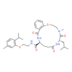 ChemSpider 2D Image | (6S,11S)-6-Isobutyl-N-[2-(2-isopropyl-5-methylphenoxy)ethyl]-4-methyl-5,8,13-trioxo-2,3,4,5,6,7,8,9,10,11,12,13-dodecahydro-1,4,7,12-benzoxatriazacyclopentadecine-11-carboxamide | C33H46N4O6