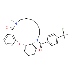ChemSpider 2D Image | (4aR,18aS)-12-Methyl-5-[4-(trifluoromethyl)benzoyl]-1,2,3,4,4a,5,6,7,8,9,10,11,12,18a-tetradecahydro-13H-dibenzo[b,m][1,4,11]oxadiazacyclotetradecin-13-one | C28H33F3N2O3