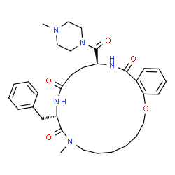 ChemSpider 2D Image | (10S,15S)-10-Benzyl-8-methyl-15-[(4-methyl-1-piperazinyl)carbonyl]-3,4,5,6,7,8,10,11,13,14,15,16-dodecahydro-1,8,11,16-benzoxatriazacyclononadecine-9,12,17(2H)-trione | C33H45N5O5