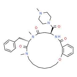 ChemSpider 2D Image | (10S,14S)-10-Benzyl-8,11-dimethyl-14-[(4-methyl-1-piperazinyl)carbonyl]-3,4,5,6,7,8,10,11,14,15-decahydro-2H-1,8,11,15-benzoxatriazacyclooctadecine-9,12,16(13H)-trione | C33H45N5O5