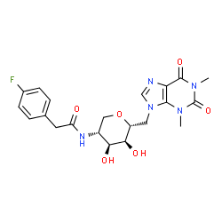 ChemSpider 2D Image | 1,5-Anhydro-2,6-dideoxy-6-(1,3-dimethyl-2,6-dioxo-1,2,3,6-tetrahydro-9H-purin-9-yl)-2-{[(4-fluorophenyl)acetyl]amino}-D-altritol | C21H24FN5O6