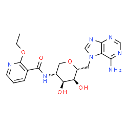 ChemSpider 2D Image | 6-(6-Amino-7H-purin-7-yl)-1,5-anhydro-2,6-dideoxy-2-{[(2-ethoxy-3-pyridinyl)carbonyl]amino}-D-altritol | C19H23N7O5