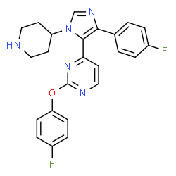 ChemSpider 2D Image | 2-(4-Fluorophenoxy)-4-[4-(4-fluorophenyl)-1-(4-piperidinyl)-1H-imidazol-5-yl]pyrimidine | C24H21F2N5O