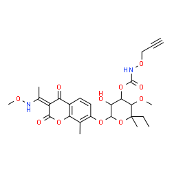 ChemSpider 2D Image | (3Z)-3-[1-(Methoxyamino)ethylidene]-8-methyl-2,4-dioxo-3,4-dihydro-2H-chromen-7-yl 6-deoxy-5-ethyl-4-O-methyl-3-O-[(2-propyn-1-yloxy)carbamoyl]hexopyranoside | C26H32N2O11