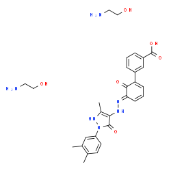 ChemSpider 2D Image | 3-[(5E)-5-{2-[1-(3,4-dimethylphenyl)-3-methyl-5-oxo-2H-pyrazol-4-yl]hydrazin-1-ylidene}-6-oxocyclohexa-1,3-dien-1-yl]benzoic acid; bis(ethanolamine) | C29H36N6O6