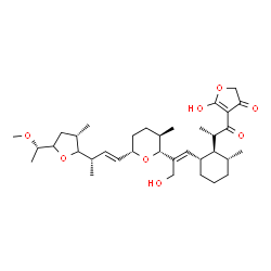 ChemSpider 2D Image | 5-Hydroxy-4-[(2S)-2-{(1S,2S,6R)-2-[(1E)-3-hydroxy-2-{(2R,3R,6S)-6-[(1E,3S)-3-{(3S)-5-[(1S)-1-methoxyethyl]-3-methyltetrahydro-2-furanyl}-1-buten-1-yl]-3-methyltetrahydro-2H-pyran-2-yl}-1-propen-1-yl]-
6-methylcyclohexyl}propanoyl]-3(2H)-furanone | C35H54O8