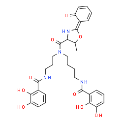 ChemSpider 2D Image | (2E)-N-{4-[(2,3-Dihydroxybenzoyl)amino]butyl}-N-{3-[(2,3-dihydroxybenzoyl)amino]propyl}-5-methyl-2-(6-oxo-2,4-cyclohexadien-1-ylidene)-1,3-oxazolidine-4-carboxamide | C32H36N4O9