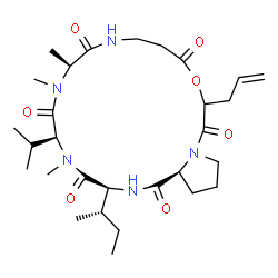 ChemSpider 2D Image | (3S,6S,9S,21aS)-16-Allyl-3-[(2S)-2-butanyl]-6-isopropyl-5,8,9-trimethyldodecahydropyrrolo[1,2-d][1,4,7,10,13,16]oxapentaazacyclononadecine-1,4,7,10,14,17(11H,16H)-hexone | C29H47N5O7