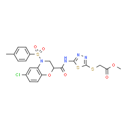 ChemSpider 2D Image | Methyl ({5-[({6-chloro-4-[(4-methylphenyl)sulfonyl]-3,4-dihydro-2H-1,4-benzoxazin-2-yl}carbonyl)amino]-1,3,4-thiadiazol-2-yl}sulfanyl)acetate | C21H19ClN4O6S3