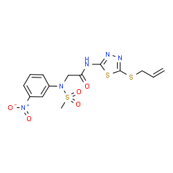 ChemSpider 2D Image | N-[5-(Allylsulfanyl)-1,3,4-thiadiazol-2-yl]-N~2~-(methylsulfonyl)-N~2~-(3-nitrophenyl)glycinamide | C14H15N5O5S3