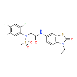 ChemSpider 2D Image | N-(3-Ethyl-2-oxo-2,3-dihydro-1,3-benzothiazol-6-yl)-N~2~-(methylsulfonyl)-N~2~-(2,4,5-trichlorophenyl)glycinamide | C18H16Cl3N3O4S2
