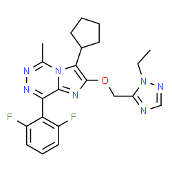ChemSpider 2D Image | 3-Cyclopentyl-8-(2,6-difluorophenyl)-2-[(1-ethyl-1H-1,2,4-triazol-5-yl)methoxy]-5-methylimidazo[1,2-d][1,2,4]triazine | C22H23F2N7O