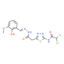 ChemSpider 2D Image | 2,2-Dichloro-N-(5-{2-[(2E)-2-(2-hydroxy-3-methoxybenzylidene)hydrazino]-2-oxoethyl}-1,3,4-thiadiazol-2-yl)acetamide | C14H13Cl2N5O4S