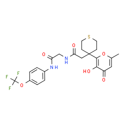 ChemSpider 2D Image | N~2~-{[4-(3-Hydroxy-6-methyl-4-oxo-4H-pyran-2-yl)tetrahydro-2H-thiopyran-4-yl]acetyl}-N-[4-(trifluoromethoxy)phenyl]glycinamide | C22H23F3N2O6S