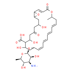 ChemSpider 2D Image | (2E,8E,10E,12E,14Z)-16-[(3-Amino-3,6-dideoxy-beta-D-mannopyranosyl)oxy]-18,20,24-trihydroxy-6-methyl-4,22-dioxo-5,27-dioxabicyclo[24.1.0]heptacosa-2,8,10,12,14-pentaene-19-carboxylic acid | C33H47NO13